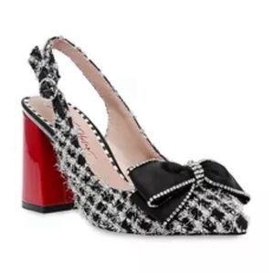 Betsey Johnson Black and White Tweed Heels with Red Block Heel